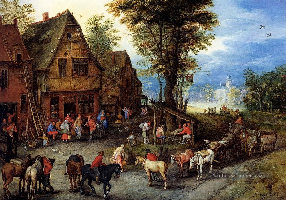 Breughel Jan Une rue de village avec la Sainte Famille arrivant à une auberge Rococo Peintures à l'huile
